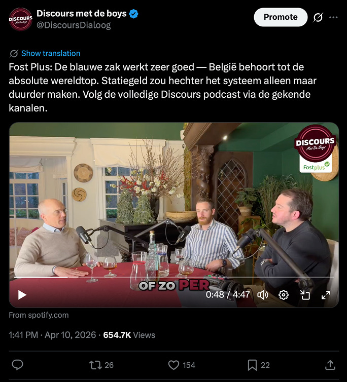 X-post van @DiscoursDialoog over FostPlus met 654.700 views.
