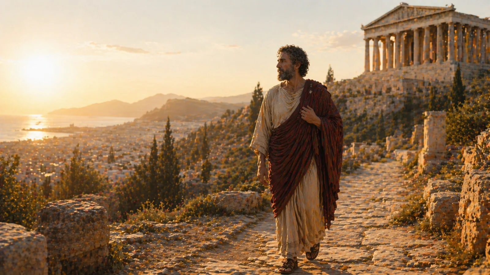 Klassieke scène: figuur in toga nabij tempel